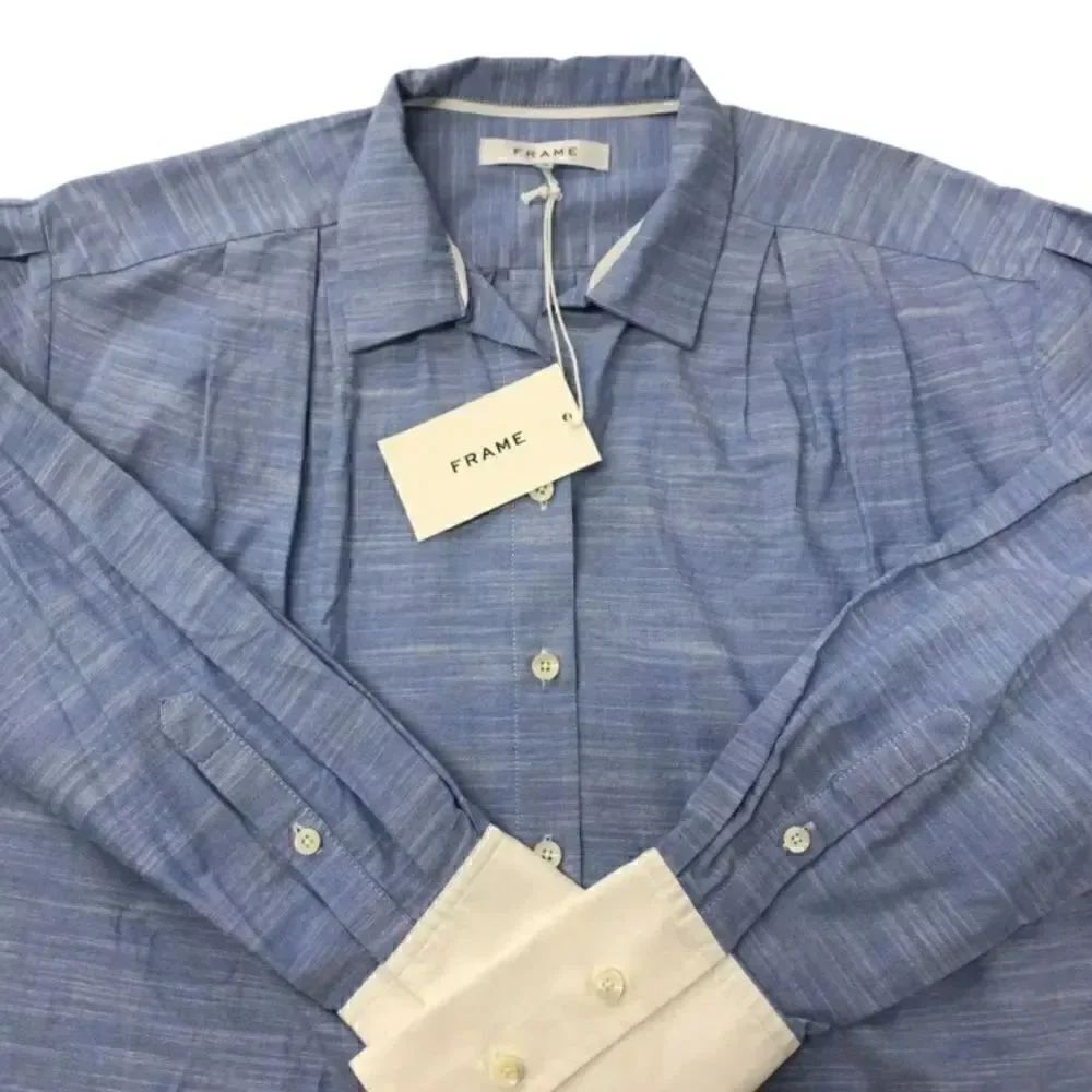 Frame Oxford Blue Pleated Contrast Cuff Button Up - Picture 11 of 11
